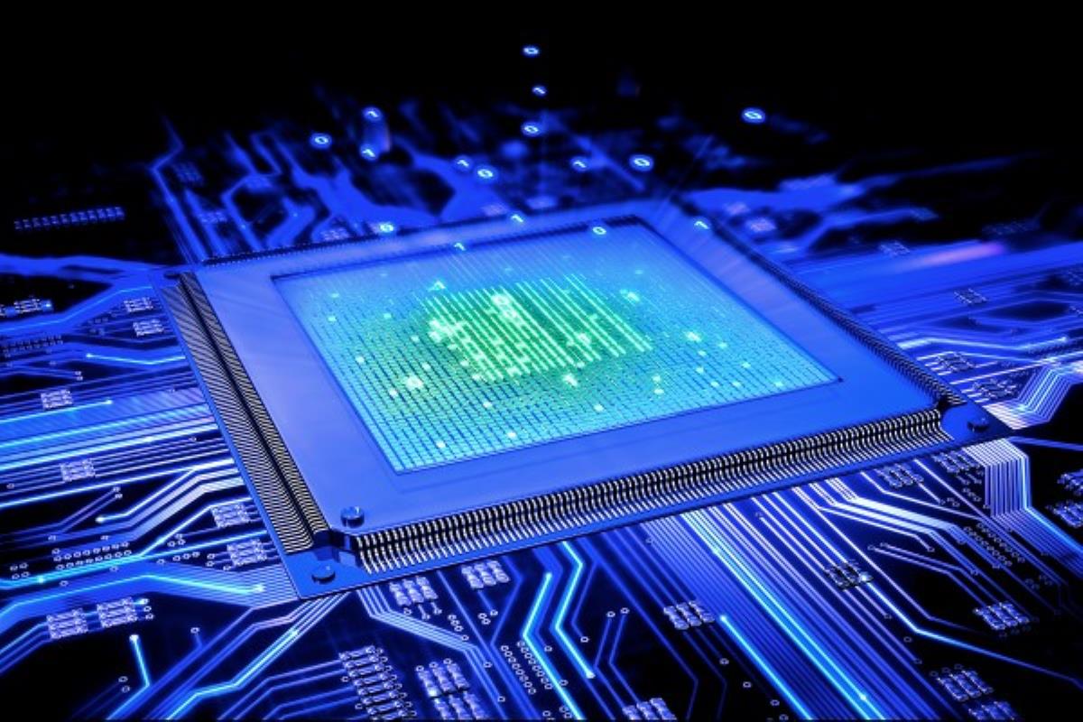 Processeur CPU posé sur une carte mère, broches visibles
