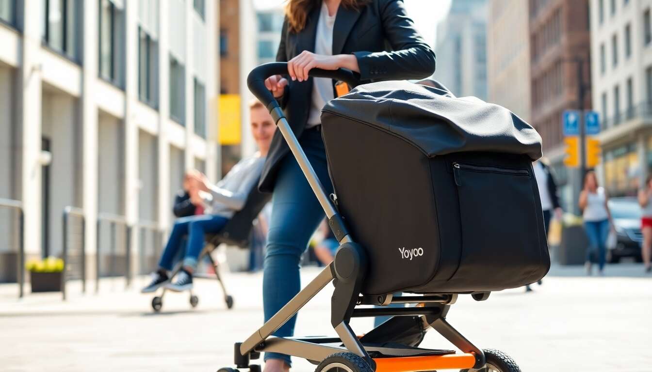 Poussette Yoyo pliée, compacte et légère, posée près d'un coffre de voiture