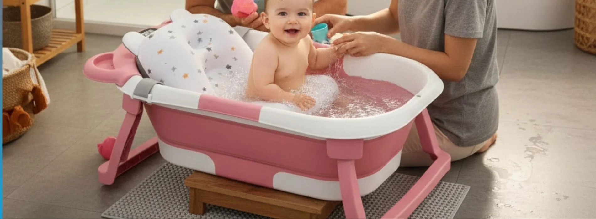Baignoire bébé posée dans une salle de bain, avec support antidérapant et transat amovible