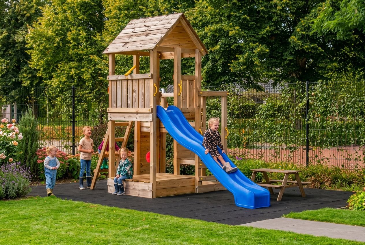 Toboggan enfant en plastique installé dans un jardin, avec échelle et plateforme de départ
