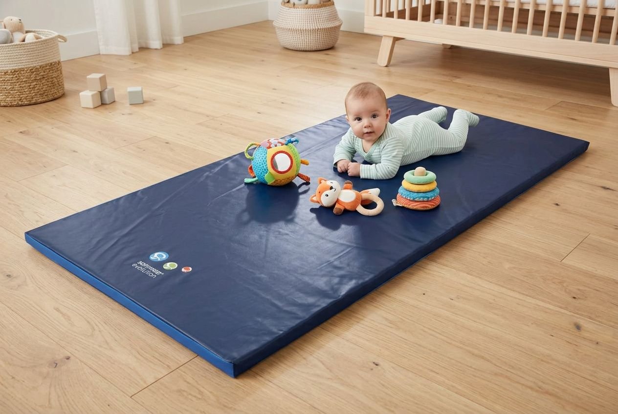Bébé allongé sur un tapis d'éveil avec arche et jouets suspendus