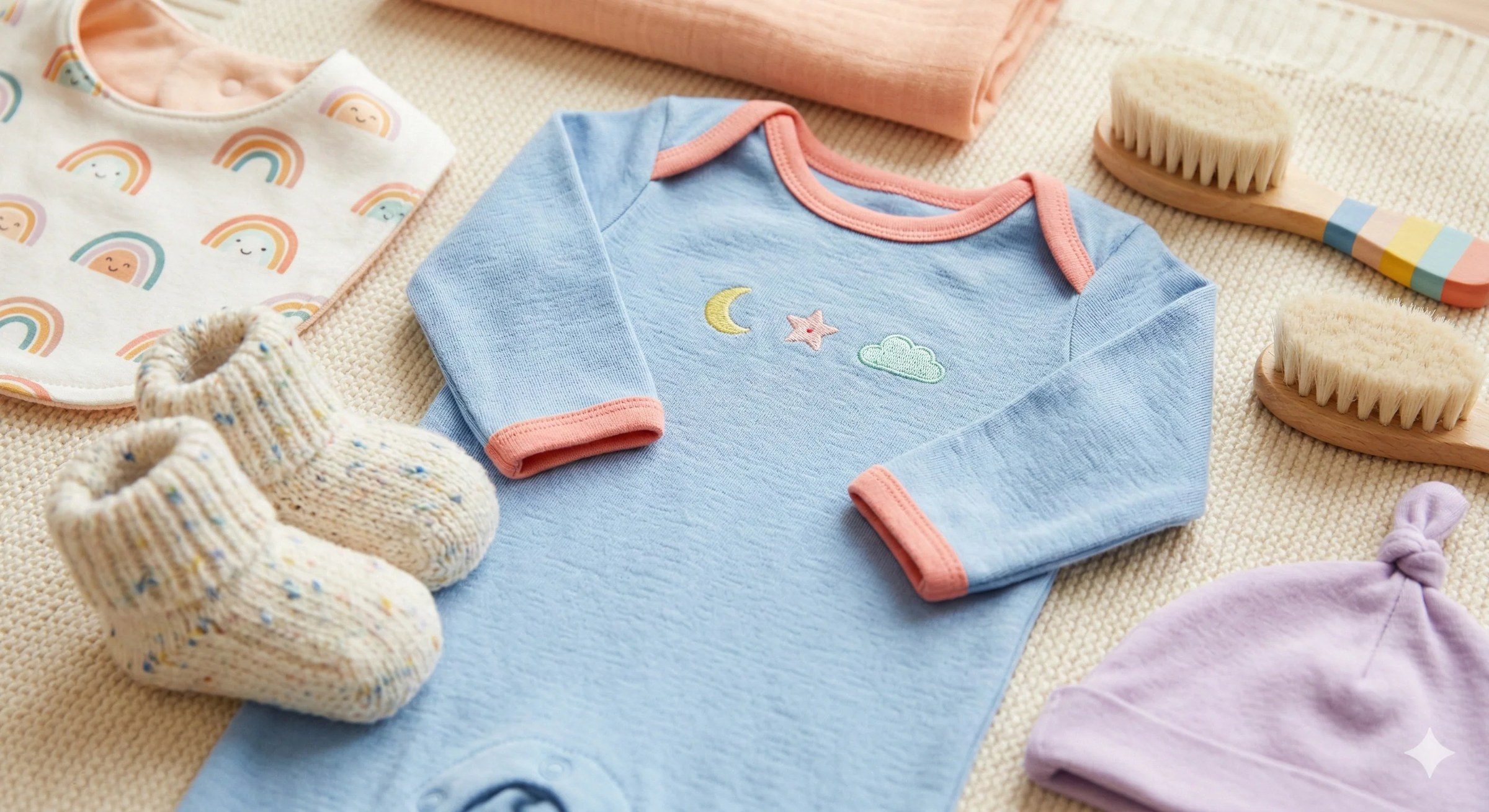 Pile de vêtements bébé en coton : bodies, pyjamas et petits gilets pliés