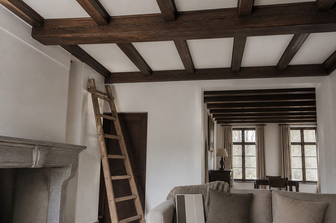 Plafond entre poutres anciennes en bois massif, avec un lattis clair visible entre les solives.